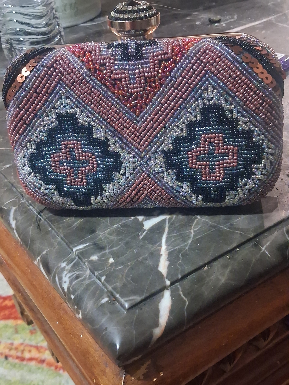 INC International Concepts Navy and Rose Beaded Geometric Clutch